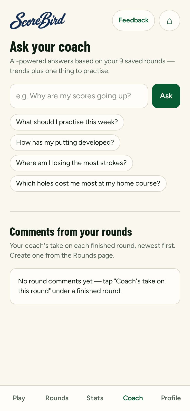 AI coach screen with suggested questions