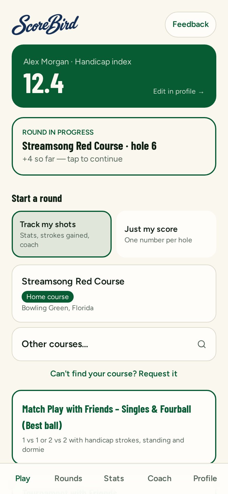 ScoreBird Play screen with a round in progress and the two play modes