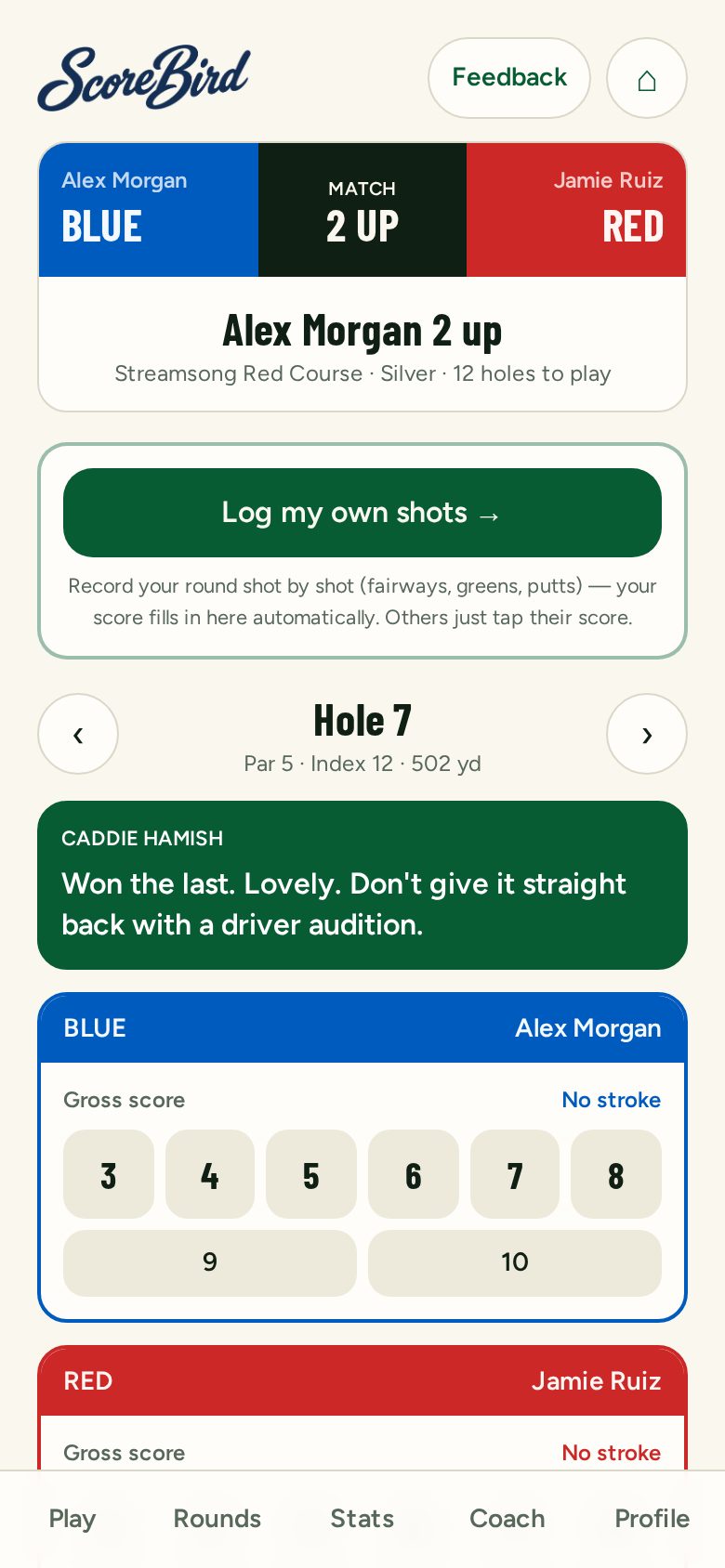 Match play screen showing Alex Morgan 2 up with Caddie Hamish