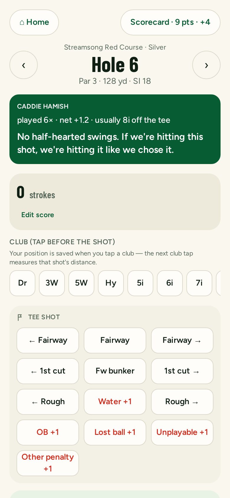 Shot tracking screen on a par 3 with Caddie Hamish advice