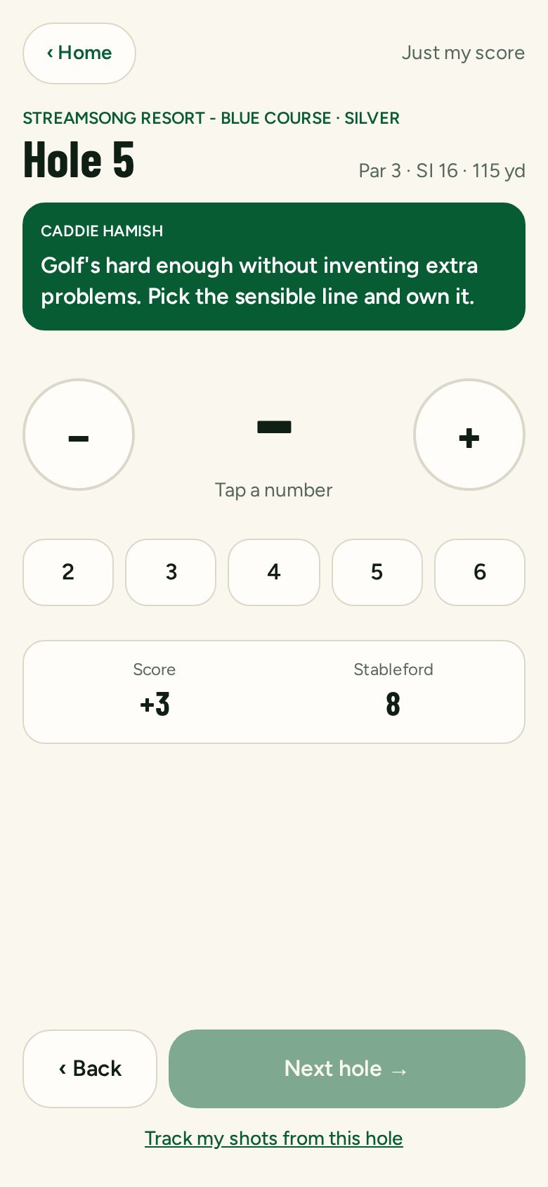 Just my score screen with Caddie Hamish and number buttons