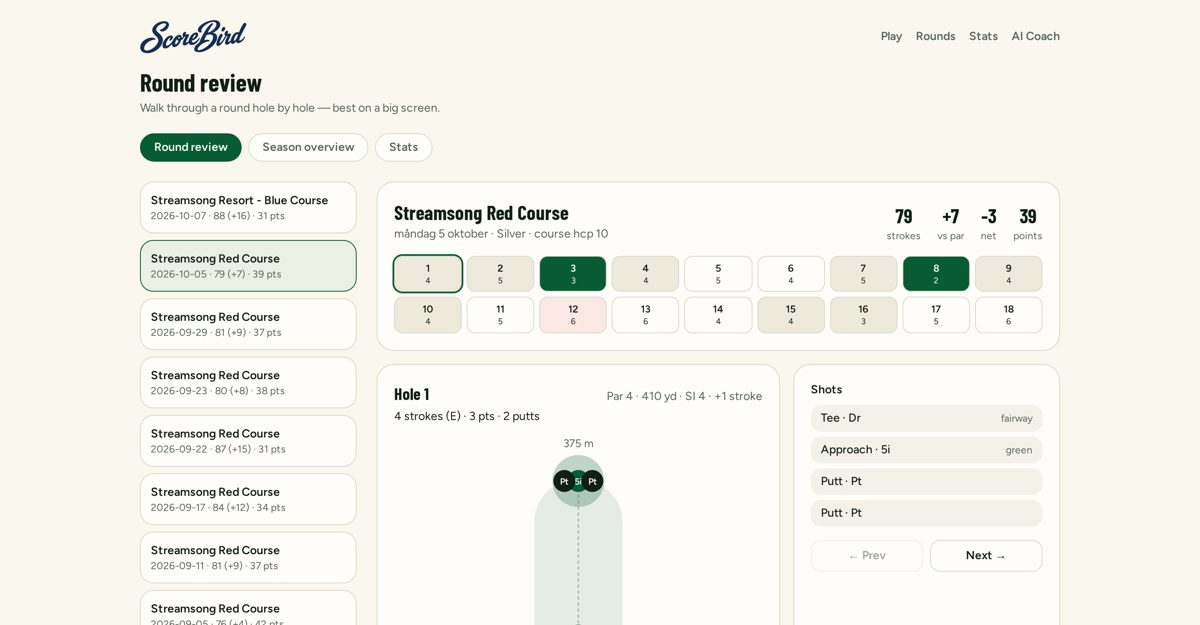 Desktop round review with a list of rounds and hole-by-hole scores